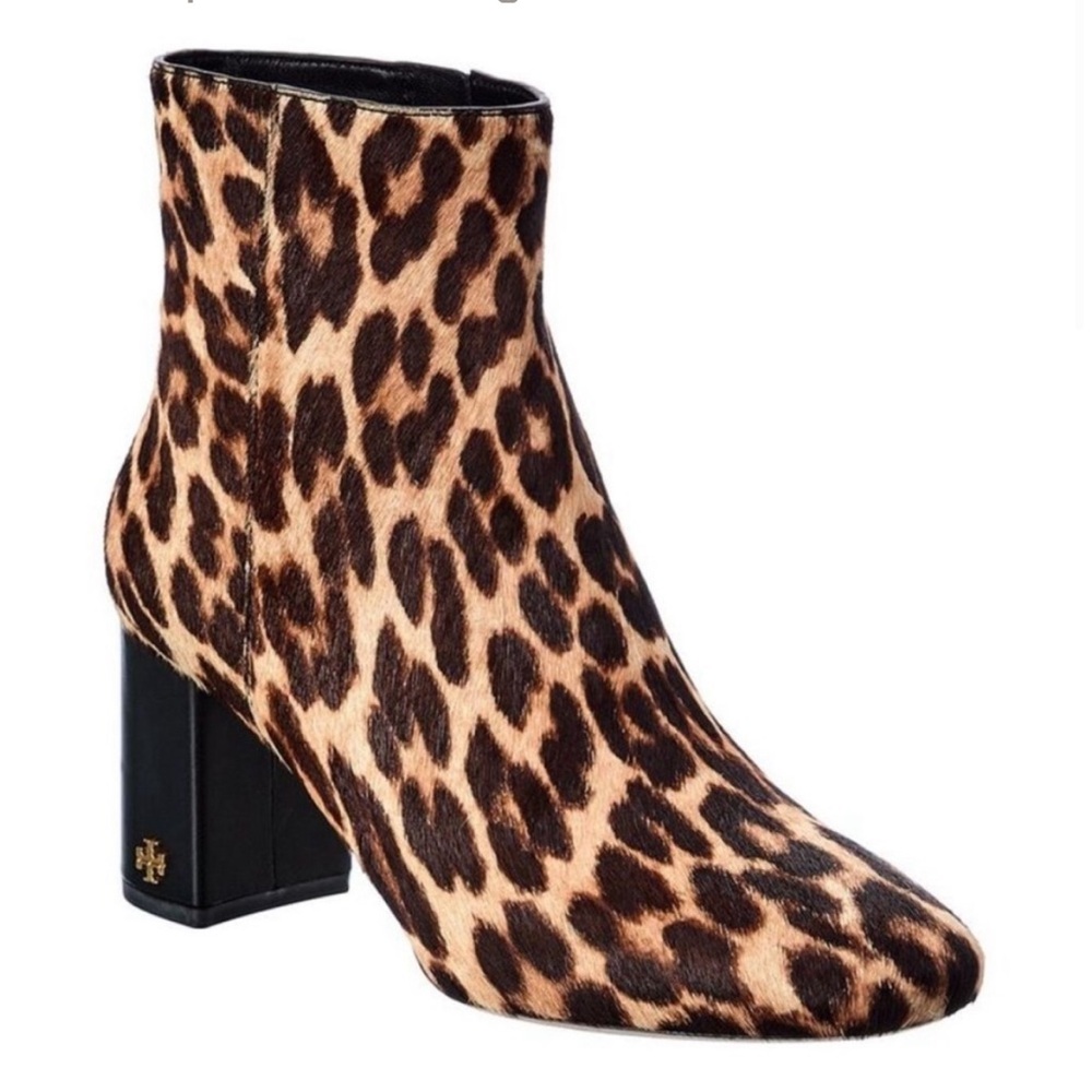 Tory Burch Brooke Leopard Calf Hair Ankle Heeled Booties Boot‎ Animal 5.5 NEW